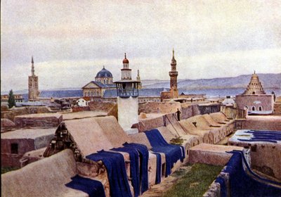 Siniset puuvillakankaat laitettu kuivumaan värjäjien katoille Damaskuksessa (Syyria). tekijältä Unknown photographer