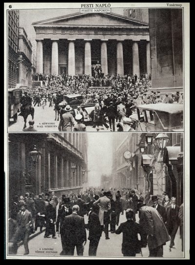 Ylhäällä: Wall Streetin mustat päivät; alhaalla: Lontoon pörssi vuoden 1929 romahduksen aikaan, Pesti Naplo -teoksesta. tekijältä Unknown photographer