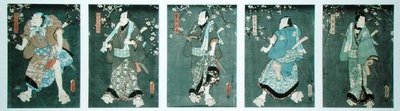 Viisi hahmoa Toyokunin (Pentatych) näytelmästä (katso myös tekijältä Utagawa Kunisada