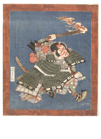 Kabukinäyttelijä Ichikawa Danjuro VII soturina täydessä näyttämömeikissä, noin 1815-1820 (puupiirros paperille). tekijältä Utagawa (1786-1865) Kunisada