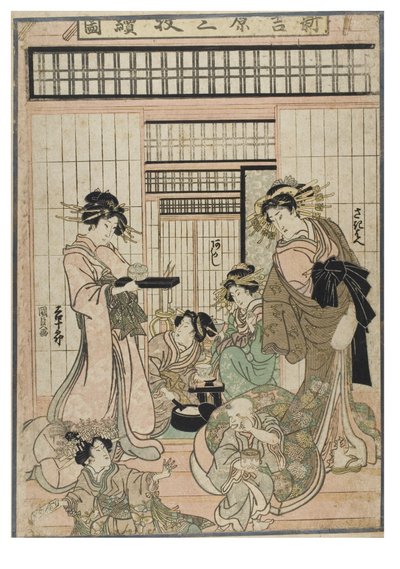 Kohtaus Shin Yoshiwarasta (triptyykki). Bordellin sisätila Yoshiwaran kaupunginosassa, kurtisaaneja ja asiakkaita, noin 1830-1843 (puupiirros paperille). tekijältä Utagawa (1786-1865) Kunisada