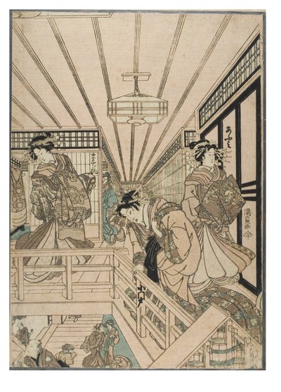 Kohtaus Shin Yoshiwarasta (triptyykki). Bordellin sisätila Yoshiwaran kaupunginosassa, kurtisaaneja ja asiakkaita, noin 1830-1843 (puupiirros paperille). tekijältä Utagawa (1786-1865) Kunisada