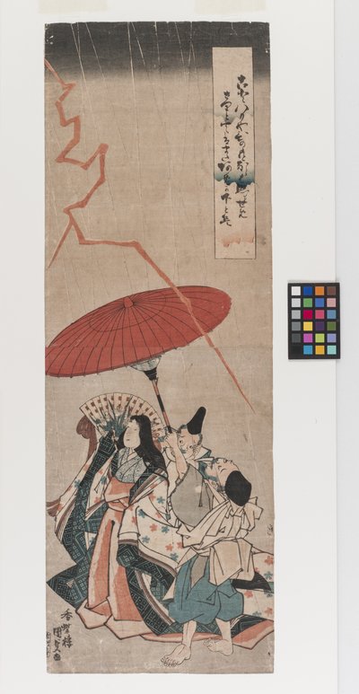 Nimetön; annettu nimi: Ono no Komachi Bringing Rain (Amagoi Komachi), noin 1835 (värillinen puupiirros). tekijältä Utagawa (1786 1865) Kunisada