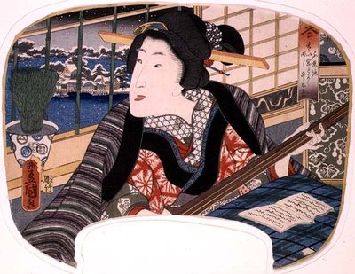 Talvi, Shinobazu Pond; Geisha harjoittelee balladia, design fanille neljän vuodenaikoja kuvaavasta sarjasta tekijältä Utagawa Kunisada