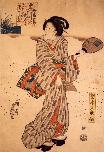 Nainen jäykällä tuulettimella, Utagawa Kunisada, puupiirros, nishiki-e-tekniikka tekijältä Utagawa Kunisada
