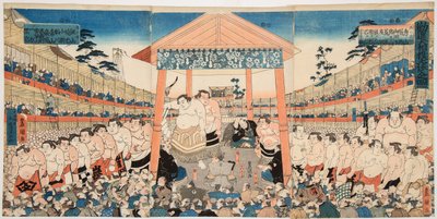 Kanjin Ozumo (sumopainijoiden kulkue rahankeräystaistelua varten). Utagawa Kunisadan (1786-1865) vedos - Kanjin Ozumo, Kunisada (Toyokuni III), Utagawa (1786-1865). Värillinen puupiirros, c. 1850. Mitat : 37,5x75,5 cm. Yksityinen kokoelma tekijältä Utagawa Kunisada