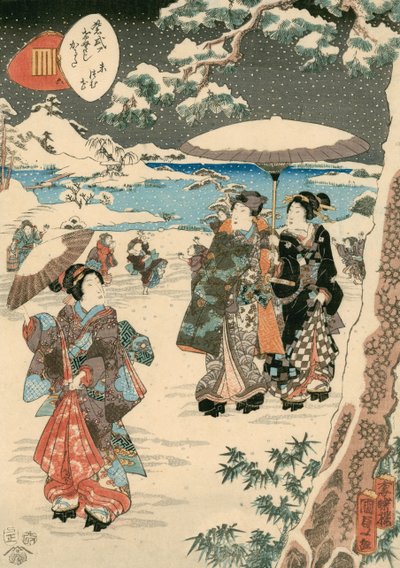 Figuurit aurinkovarjoineen lumessa (kohtaus elokuvasta The Tale of Genji) (värillinen puupiirros paperille) tekijältä Utagawa (1786 1865) Kunisada