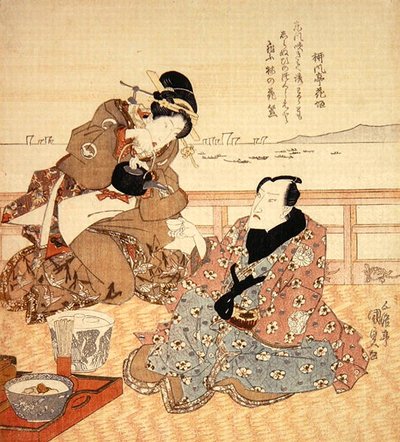Onoe Kikugoro III juo teetä Shinagawassa, n. 1825 (värillinen puupalikkaprintti) (katso myös 282741) tekijältä Utagawa Kunisada