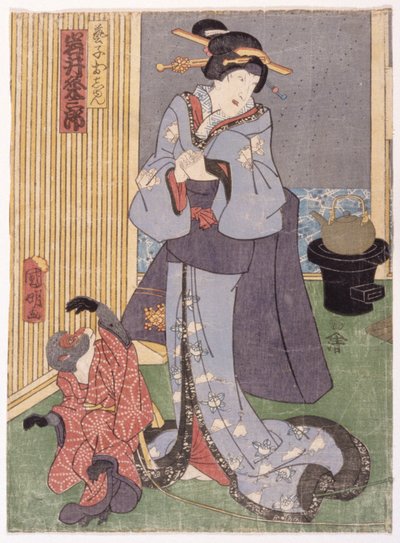 Iwai Kumezabur? Iii Geiko Oshunin roolissa (värillinen puupainatus) tekijältä Utagawa (1835-1888) Kuniaki