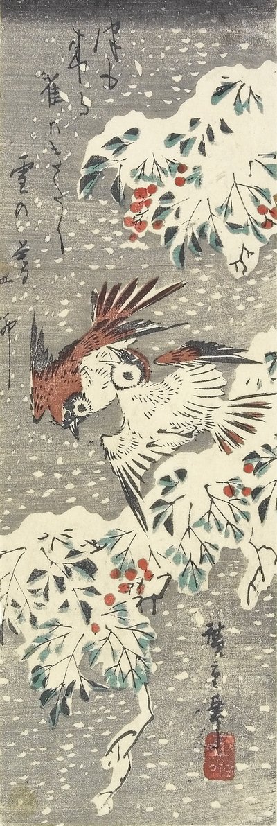 (Taivaallinen bambu ja varpuset lumessa), 1830-1858 tekijältä Utagawa Hiroshige