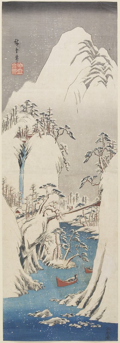 (Kiso Gorge in Snow), n. 1840-1842. tekijältä Utagawa Hiroshige