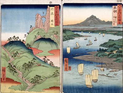 Maisema ja merimaisema, kaksi näkymää sarjasta "60-Odd Famous Views of the Provinces", pubi. kirjoittanut Kosheihei, 1853, (värillinen puupalikkaprintti) tekijältä Utagawa Hiroshige