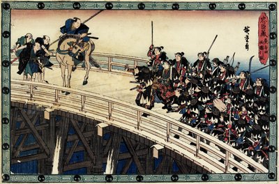 Yöhyökkäyksen 11. näytöksen 5. kohtaus; Ryo_gokun sillalla pidätettynä oleminen, n. 1838. tekijältä Utagawa Hiroshige