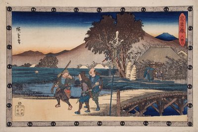 VI näytös: metsästäjät palaavat vietyään murhatun Yoichibein ruumiin hänen mökilleen tekijältä Utagawa Hiroshige