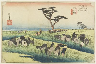 Huhtikuun hevosmessut, Chiryu_, n. 1833 tekijältä Utagawa Hiroshige