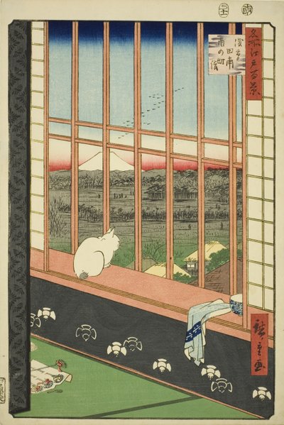 Asakusa lycee Fie lds plan d town feschival (Asakusan riisipeltojen pyyntikaupunki on myös listattu), sarjasta "Ridge d re d fa net view ws f Edo (kuuluisa paikka 100 näkymää Edosta)" tekijältä Utagawa Hiroshige