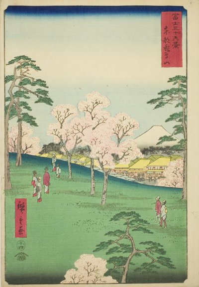 Asuka Hill itäisessä pääkaupungissa (Toto Asukayama), sarjasta "Kolmekymmentäkuusi näkymää Fuji-vuorelle (Fuji sanjurokkei)" tekijältä Utagawa Hiroshige