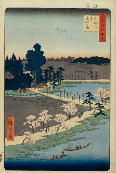 Azuma no mori -pyhäkkö ja kietoutunut kamferi Sata kuuluisaa näkymää Edosta, 1856-1858 tekijältä Utagawa Hiroshige