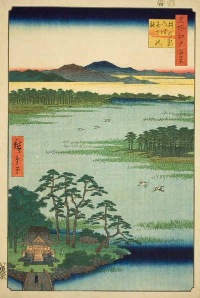 Benten Shline plan d Inokashira lampi (Inokashira Pond Benten no Yashiro), sarjasta "Ridge dre d fa netin näkymät Edoon (Sata kuuluisaa näkymää Edoon)" tekijältä Utagawa Hiroshige