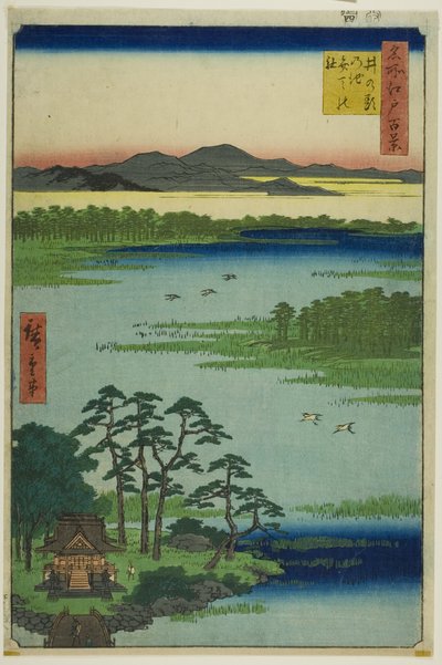 Bentenin pyhäkkö ja Inokashiran lampi (Inokashira no ike Benten no yashiro), sarjasta "Sata kuuluisaa näkymää Edosta (Meisho Edo hyakkei)". tekijältä Utagawa Hiroshige