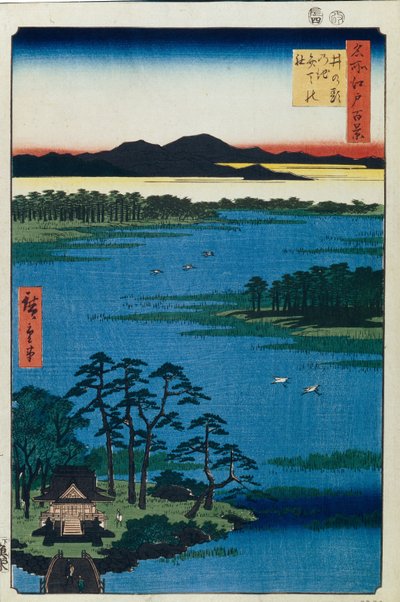 Bentenin pyhäkkö Inokashiran lammen rannalla. Sata kuuluisaa näkemystä Edosta, n. 1858 tekijältä Utagawa Hiroshige