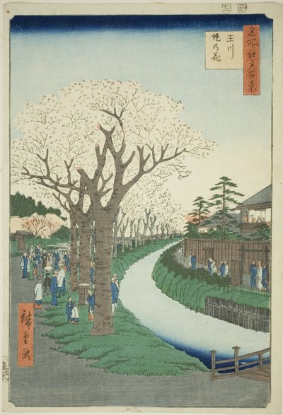 Bosso MS sound te tamari ver kuvaversio k pinta t (Tamagawa Tsutsumi no Hana), sarjasta "Ridge d re d fa net view ws f Edo (One Hundred Famous Views of Edo) )" tekijältä Utagawa Hiroshige