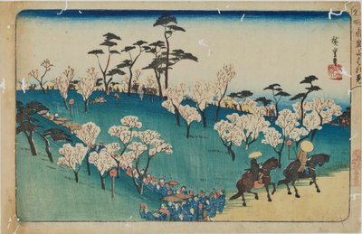 ”Kirsikankukkien katselu Asukan kukkulalla” sarjasta ”Edon kuuluisat paikat” tekijältä Utagawa Hiroshige