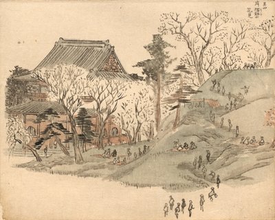 Kirsikankukkien katselu Suribachi-vuoren temppelissä, kuvan mukaan teoksesta *Ehon Edo miyage* (Edon matkamuistoja käsittelevä kuvakirja), 5. osa tekijältä Utagawa Hiroshige