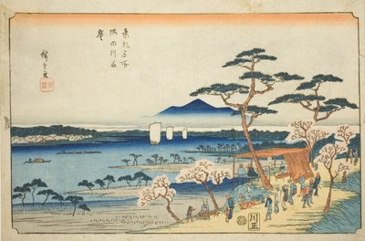 Kirsikankukkia täydessä kukassa Sumida-joen varrella (Sumidagawa hanazakari), sarjasta "Itäisen pääkaupungin kuuluisia paikkoja (Toto meisho)" tekijältä Utagawa Hiroshige