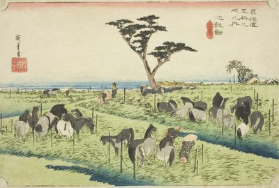 Chiryu: Early Summer Horse Market (Chiryu, shuka uma ichi), sarjasta "Fifty-three Stations of the Tokaido (Tokaido gojusan tsugi no uchi)," tunnetaan myös nimellä Hoeido Tokaido tekijältä Utagawa Hiroshige