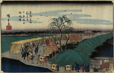 Aamunkoitto Emonzaka Hillillä Nihon-zutsumi Bankissa, Shin-Yoshiwarassa, n. 1830 tekijältä Utagawa Hiroshige