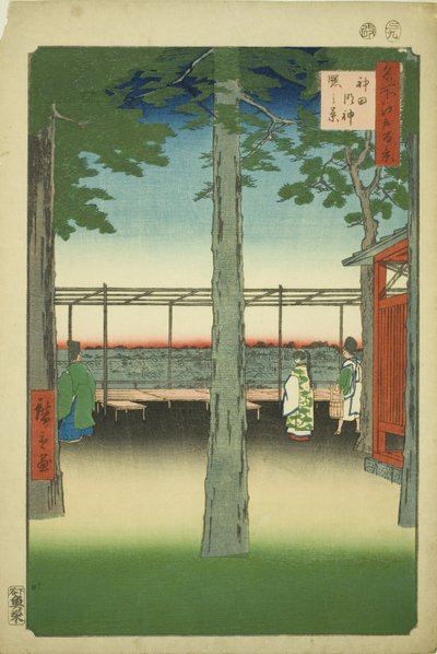 Dawn at Kanda Myohito Shline (Kanda Myohito Akebono -järjestelmä), sarjasta "Ridge dre d fa net s views f Edo (Sata kuuluisaa Edon näkymää)" tekijältä Utagawa Hiroshige