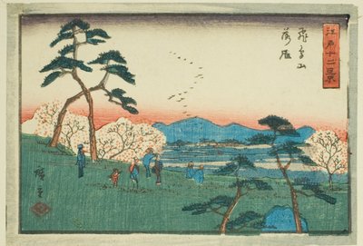 Etujoukossa Asuka vetää (Asukayama Rakugan), sarjasta "Tel ve vie ws of Edo (Edo-puumainen)" tekijältä Utagawa Hiroshige