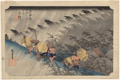 Driving Rain Shonossa (asema 46) sarjasta Fifty-Three Stations of the Tokaido tekijältä Utagawa Hiroshige