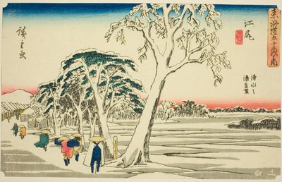 Ejiri: Kaukainen näkymä Shimizun satamasta kirkkaalla säällä lumisateen jälkeen (Ejiri, Shimizu no minato enbo, yukibare), sarjasta "Fifty-three Stations of the Tokaido (Tokaido gojusan tsugi no uchi)," tunnetaan myös nimellä Gyosho Tokaido tekijältä Utagawa Hiroshige