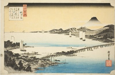 Iltavalo Setan sillalla (Seta no sekisho), sarjasta "Kahdeksan näkymää Omista (Omi hakkei no uchi)" tekijältä Utagawa Hiroshige