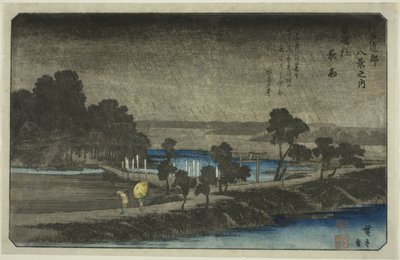 Iltasade Azuman pyhäkössä (Azuma no mori yau), sarjasta "Kahdeksan näkymää Edon ympäristössä (Edo Kinko hakkei no uchi)" tekijältä Utagawa Hiroshige