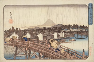 Iltasuihku Nihonbashi-sillalla, Itäpääkaupungin tunnetuista paikoista c. 1832 (puupalikkaväripainatus) tekijältä Utagawa Hiroshige