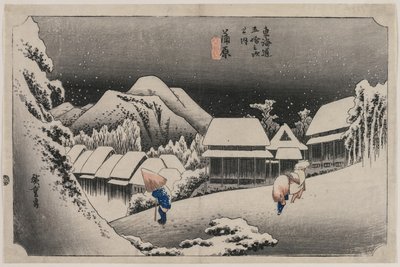 Illan lumi Kambarassa (numero kuusitoista sarjassa Fifty-3 Stations of the Tokaido) tekijältä Utagawa Hiroshige