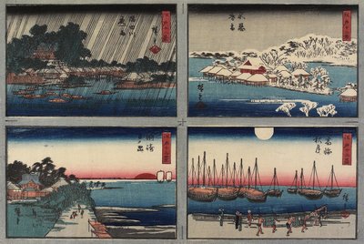 Iltalunta Shinobazussa, syksyn kuu Takanawassa, auringonnousu Susakissa, yösade Sumida-joella, 1843-1847 tekijältä Utagawa Hiroshige