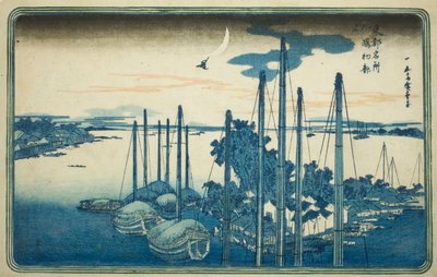 Vuoden ensimmäinen käki Tsukudan saarella (Tsukudajima, hatsu hototogisu), sarjasta "Itäisen pääkaupungin kuuluisia näkymiä (Toto Meisho)" tekijältä Utagawa Hiroshige