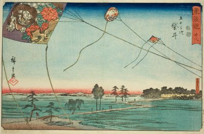 Fukuroi: Enshun kuuluisat leijat (Fukuroi, meibutsu Enshu dako) – nro 28, sarjasta "Fifty-three Stations of the Tokaido (Tokaido gojusan tsugi)", joka tunnetaan myös nimellä Reisho Tokaido tekijältä Utagawa Hiroshige