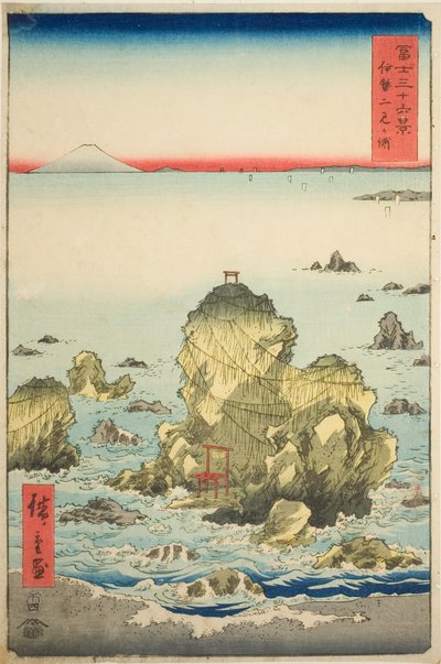 Futami Bay Isen maakunnassa (Ise Futamigaura), sarjasta "Kolmekymmentäkuusi näkymää Fuji-vuorelle (Fuji sanjurokkei)" tekijältä Utagawa Hiroshige