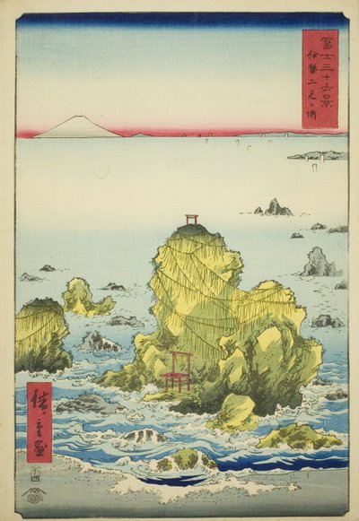 Futami Bay Isen maakunnassa (Ise Futamigaura), sarjasta "Kolmekymmentäkuusi näkymää Fuji-vuorelle (Fuji sanjurokkei)" tekijältä Utagawa Hiroshige