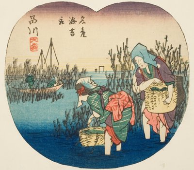 Merilevän kerääminen Omorissa Shinagawassa (Shinagawa, Omori, meisan nori tori), arkin 1 osa sarjasta "Katkaistu kuvia Tokaido Roadista (Tokaido harimaze zue)" tekijältä Utagawa Hiroshige