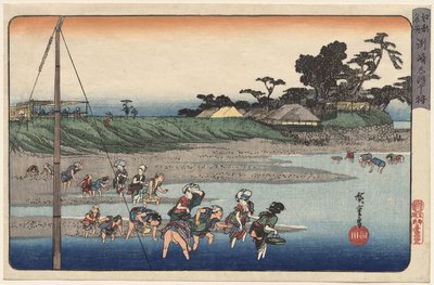 Simpukoiden kerääminen laskuveden aikaan Susakissa sarjasta Famous Places in Edo tekijältä Utagawa Hiroshige
