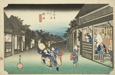 Goyu: Naiset pysäyttävät matkustajia (Goyu, tabibito tomeru onna), sarjasta "Fifty-three Stations of the Tokaido (Tokaido gojusan tsugi no uchi)", joka tunnetaan myös nimellä Hoeido Tokaido tekijältä Utagawa Hiroshige