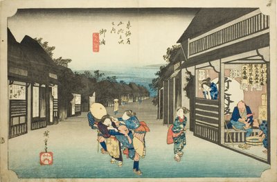 Goyu: Naiset pysäyttävät matkustajia (Goyu tabibito tomeru onna), sarjasta "Tokaidon viisikymmentäkolme asemaa (Tokaido gojusan tsugi no uchi), joka tunnetaan myös nimellä Hoeido Tokaido tekijältä Utagawa Hiroshige