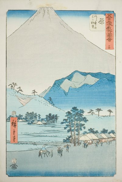 Hara: Näkymä Ashitaka-vuorille ja Fuji-vuorelle (Hara, Ashitakayama Fuji chobo), no. 14 sarjasta "Famous Sights of the Fifty-three Station (Gojusan tsugi meisho zue)", joka tunnetaan myös nimellä Vertical Tokaido tekijältä Utagawa Hiroshige
