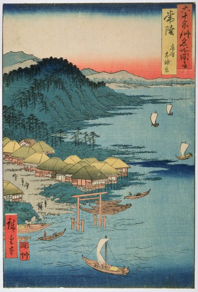 Hitachin maakunta: Kashiman suuri pyhäkkö, sarjasta "Kuvituksia kuuluisista paikoista kuudenkymmenen maakunnan alueella", 1853 (värillinen puupalikka) tekijältä Utagawa Hiroshige